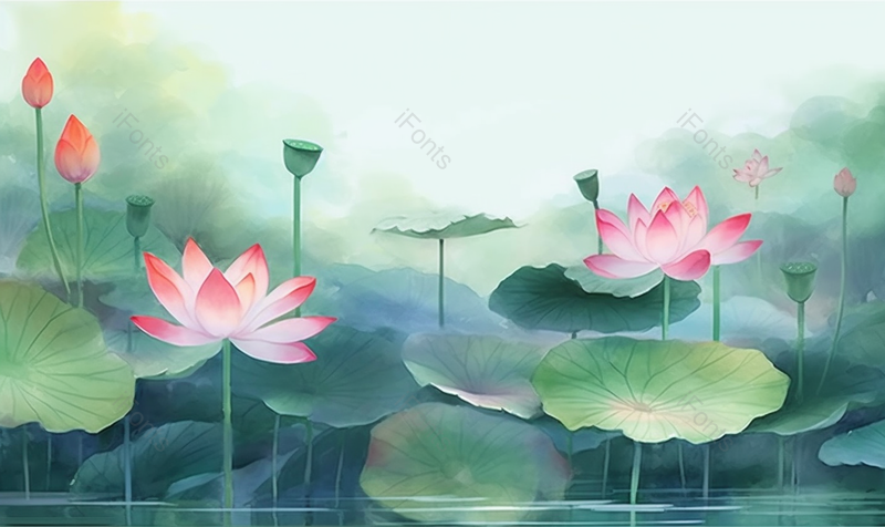 二十四节气夏季夏天立夏小暑莲蓬绿叶池塘荷塘水塘荷花荷叶绿色背景插画,插画/手绘图,插画/手绘图库,插画/手绘图下载,插画/手绘